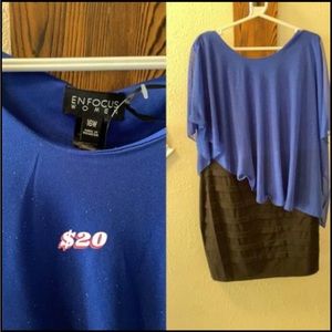 Blue and black dress, above the knee. Only worn once